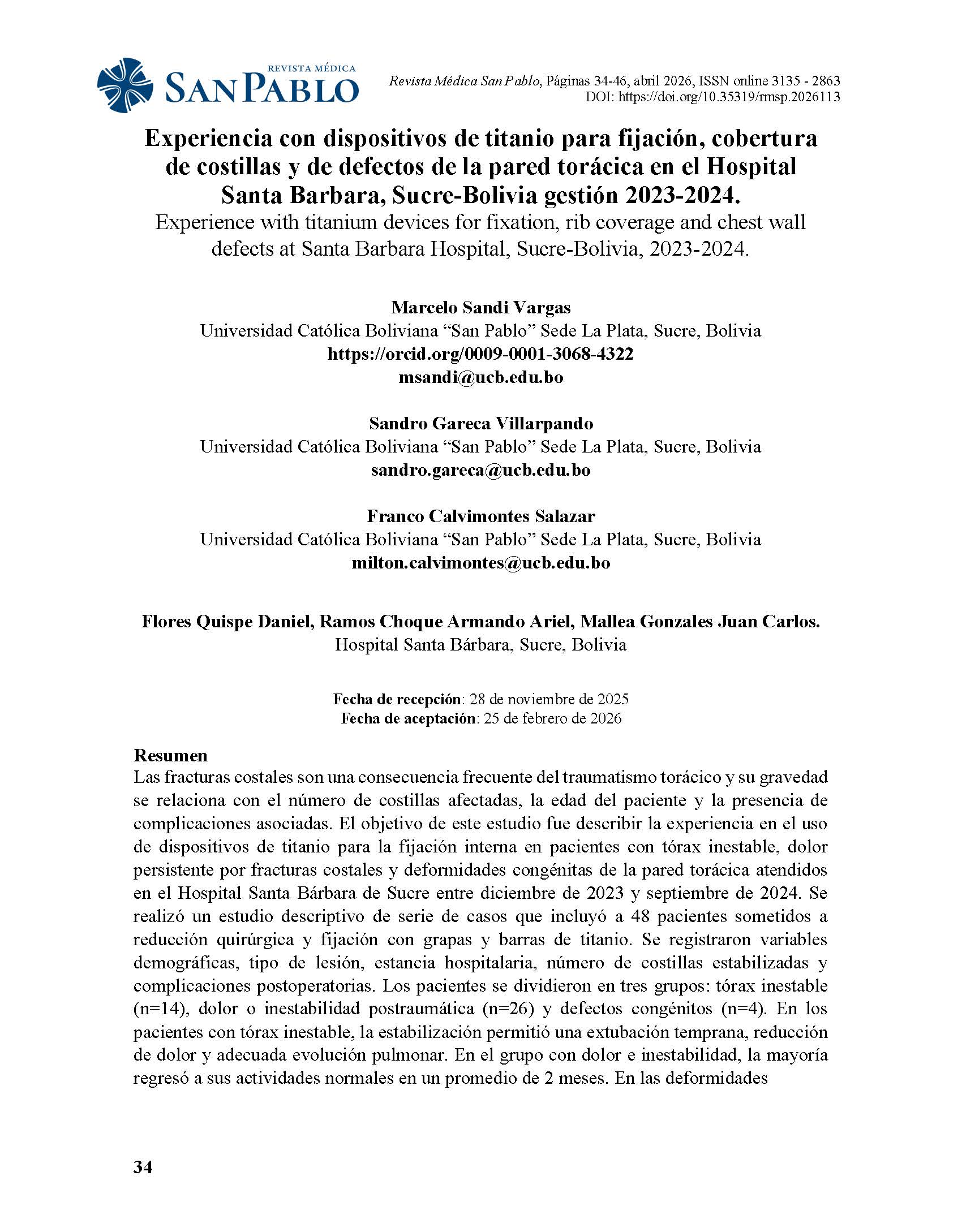 Experiencia con dispositivos de titanio para fijación, cobertura de costillas y de defectos de la pared torácica en el Hospital Santa Barbara, Sucre-Bolivia gestión 2023-2024