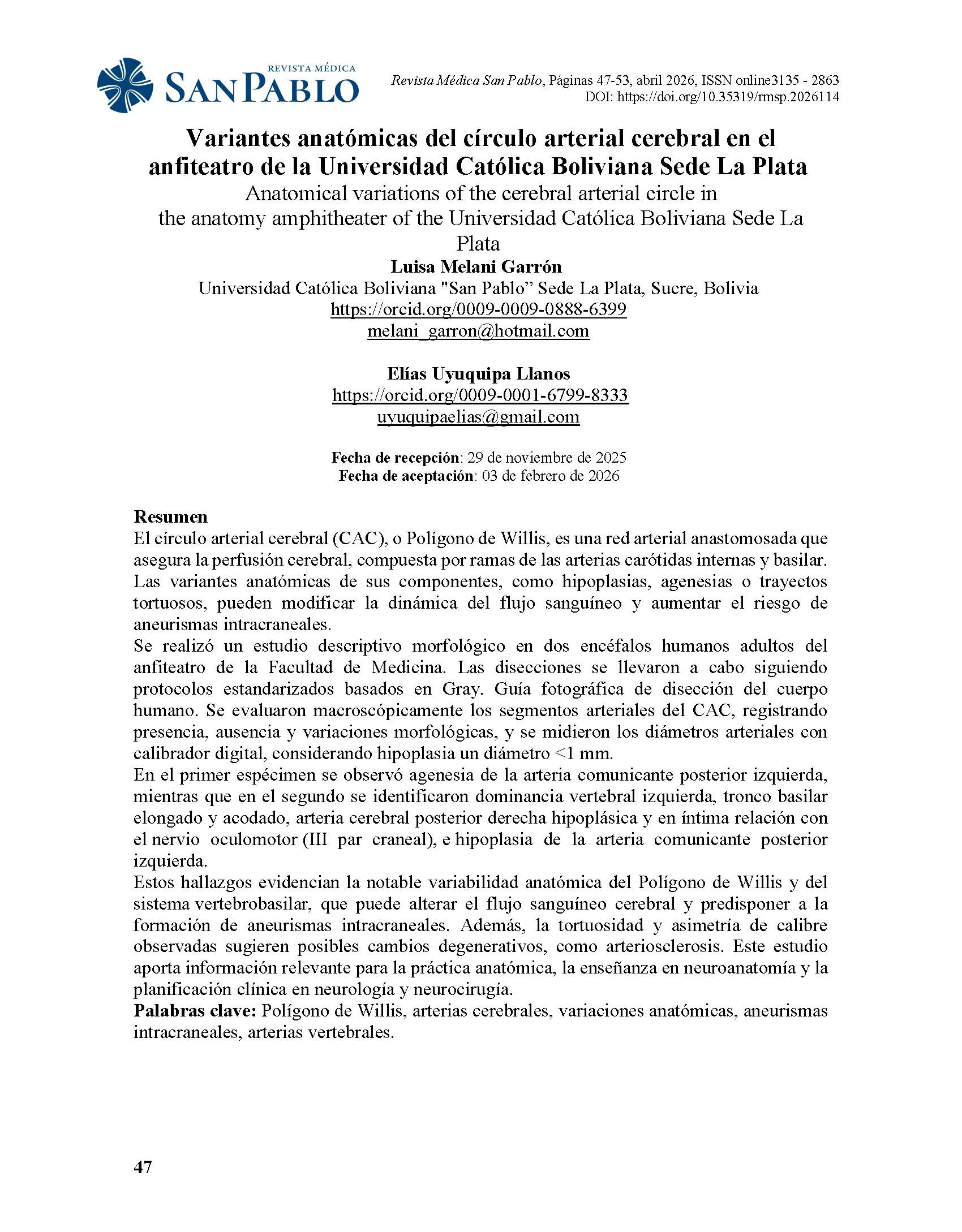 Variantes anatómicas del círculo arterial cerebral en el anfiteatro de la Universidad Católica Boliviana Sede La Plata