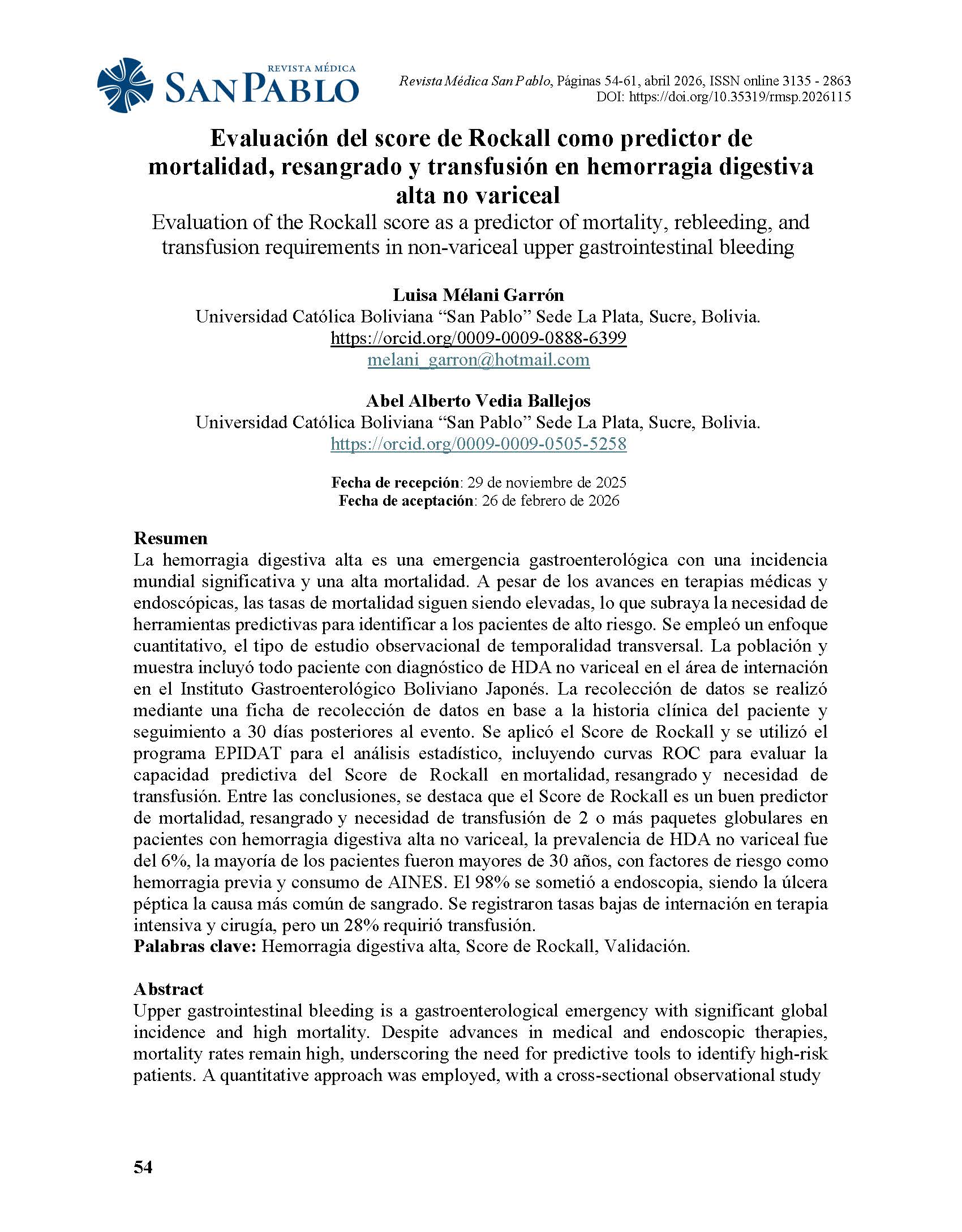 Evaluación del score de Rockall como predictor de mortalidad, resangrado y transfusión en hemorragia digestiva alta no variceal