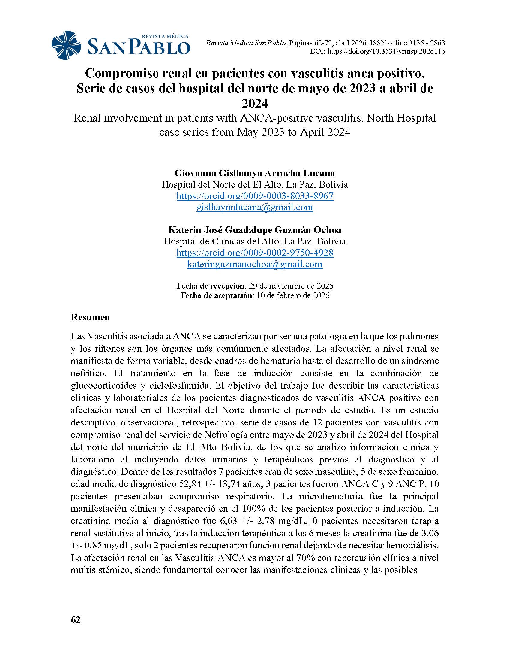 Compromiso renal en pacientes con vasculitis anca positivo. Serie de casos del hospital del norte de mayo de 2023 a abril de 2024