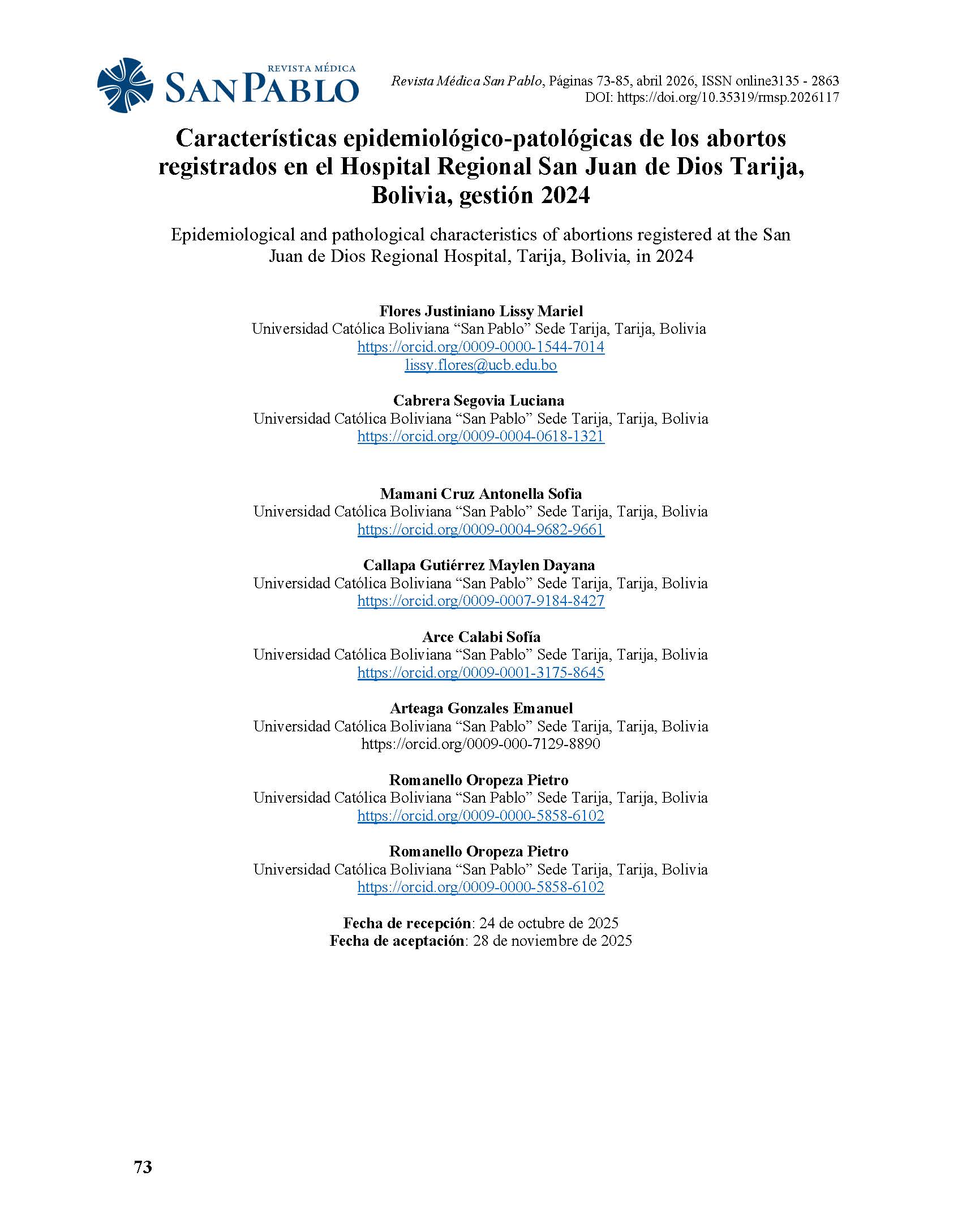 Características epidemiológico-patológicas de los abortos registrados en el Hospital Regional San Juan de Dios, Tarija-Bolivia, 2024