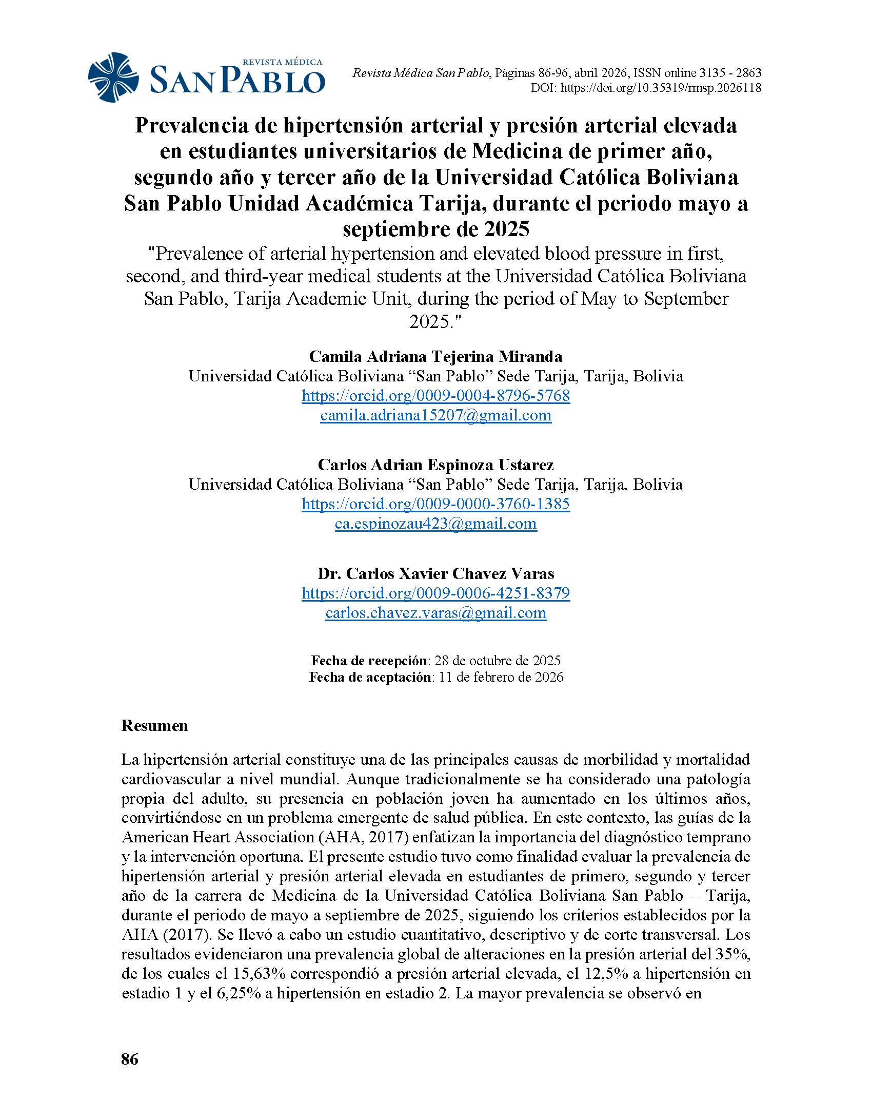 Prevalencia de hipertensión arterial y presión arterial elevada en estudiantes universitarios de Medicina de primer año, segundo año y tercer año de la Universidad Católica Boliviana San Pablo Unidad Académica Tarija, durante el periodo mayo a septiembre de 2025